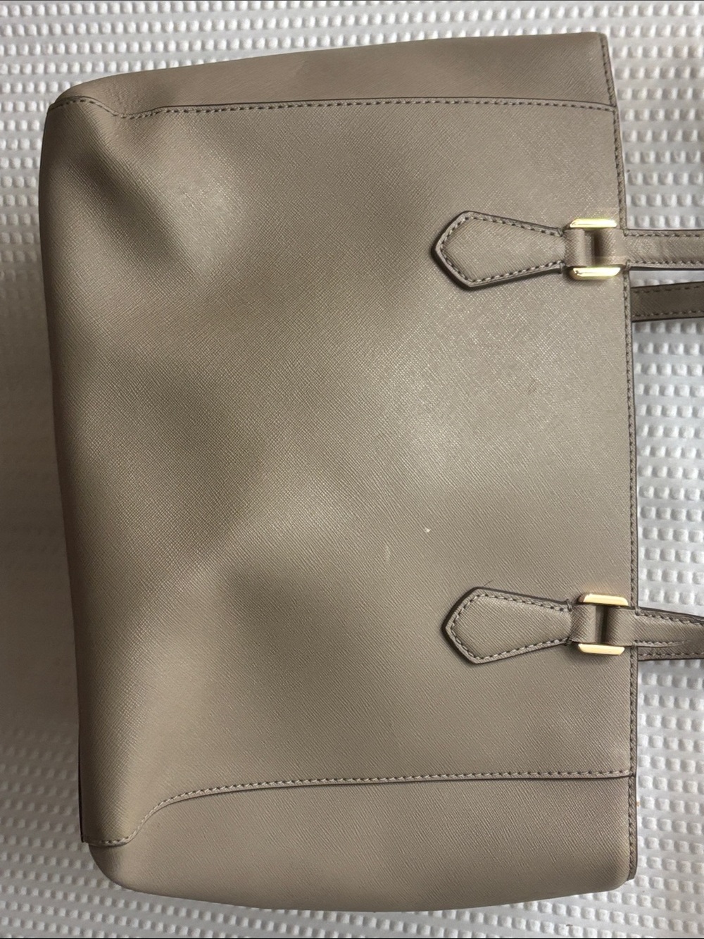 Tory Burch Taupe Saffiano Tote with Gold Logo Charm - Picture 9 of 16
